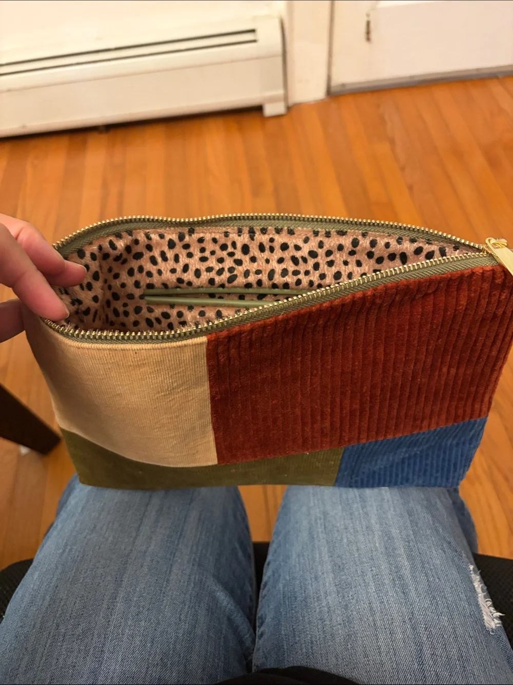 Three availableMulticolor Corduroy Patchwork Wristlet Clutch — Blue, Olive, Rust